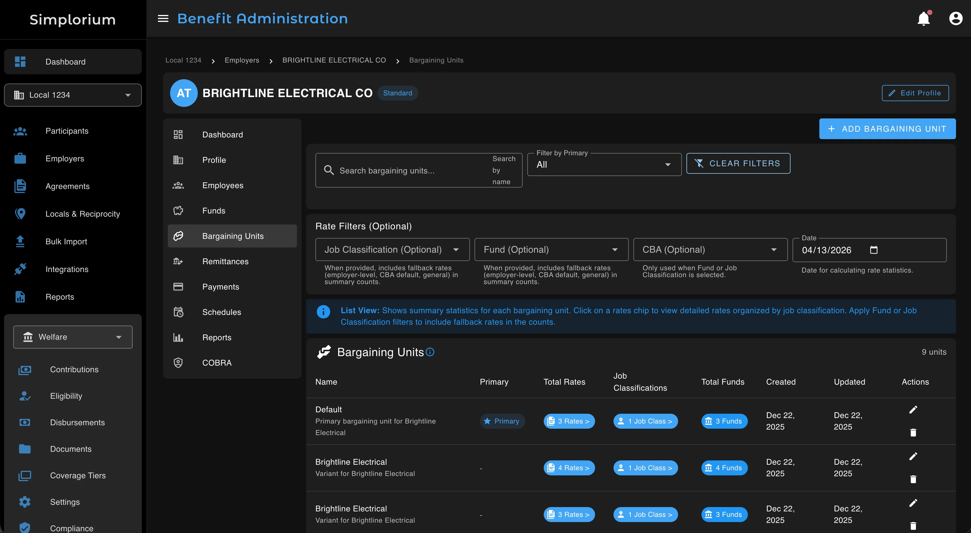 Employer bargaining units for Brightline Electrical Co showing CBA associations, rate filters by job classification and fund, and bargaining unit list