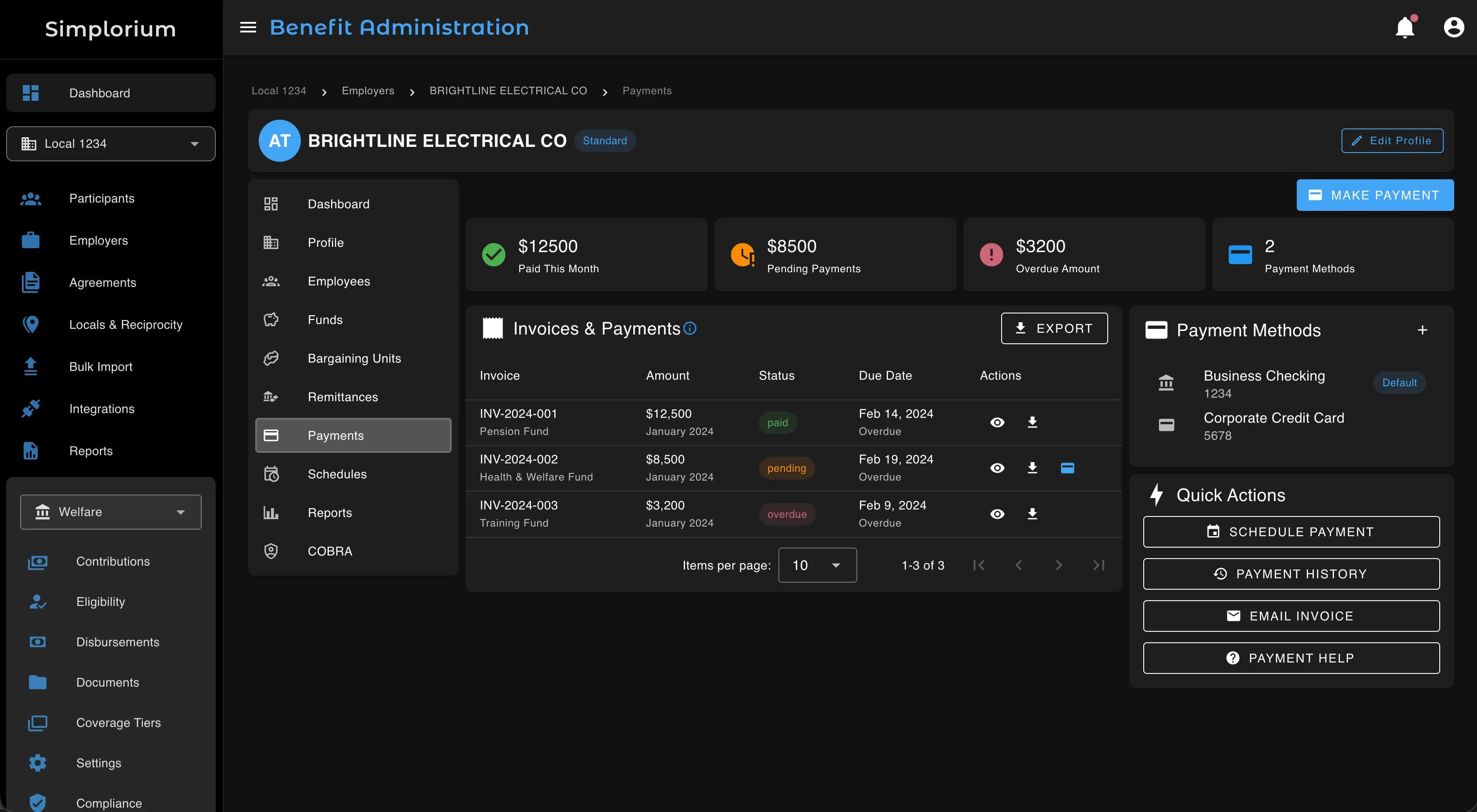 Employer payments portal showing invoices with color-coded status metrics, payment methods panel, and quick action buttons