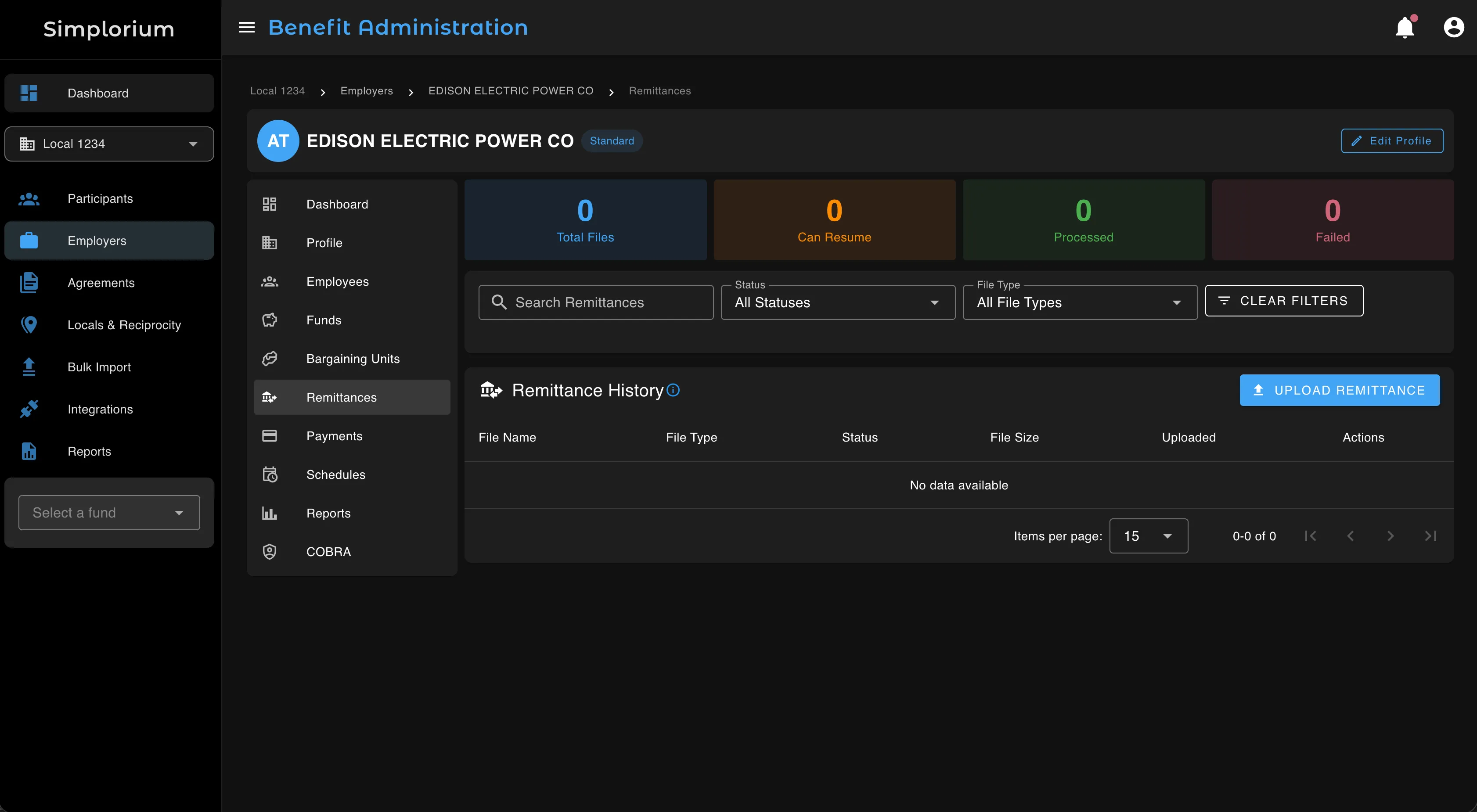 Employer remittances screen inside the Edison Electric Power Co profile, showing remittance history, status metrics, and the Upload Remittance button