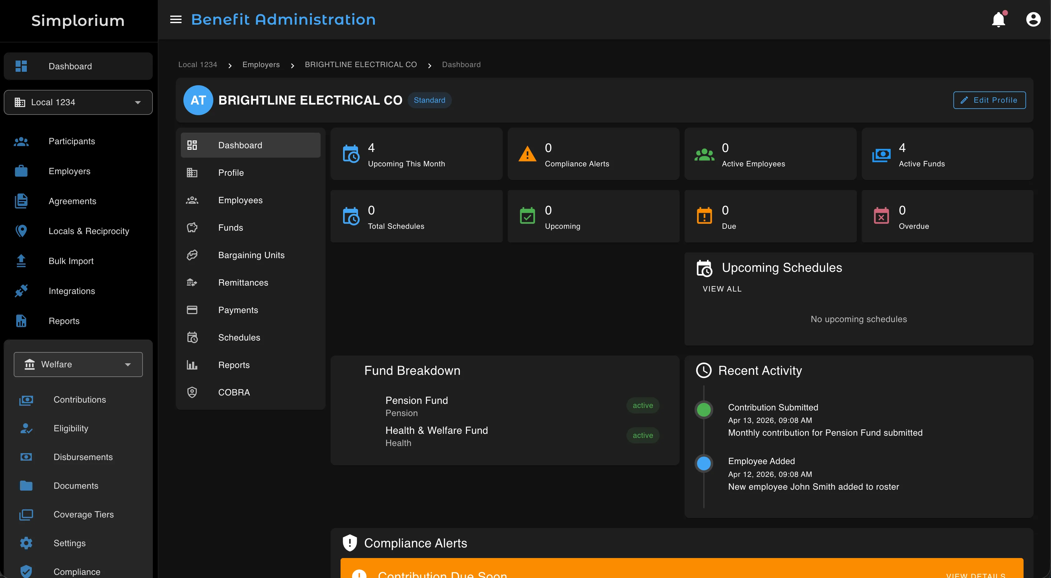 Employer detail screen showing self-service portal with remittance history, compliance status, and bargaining unit roster management