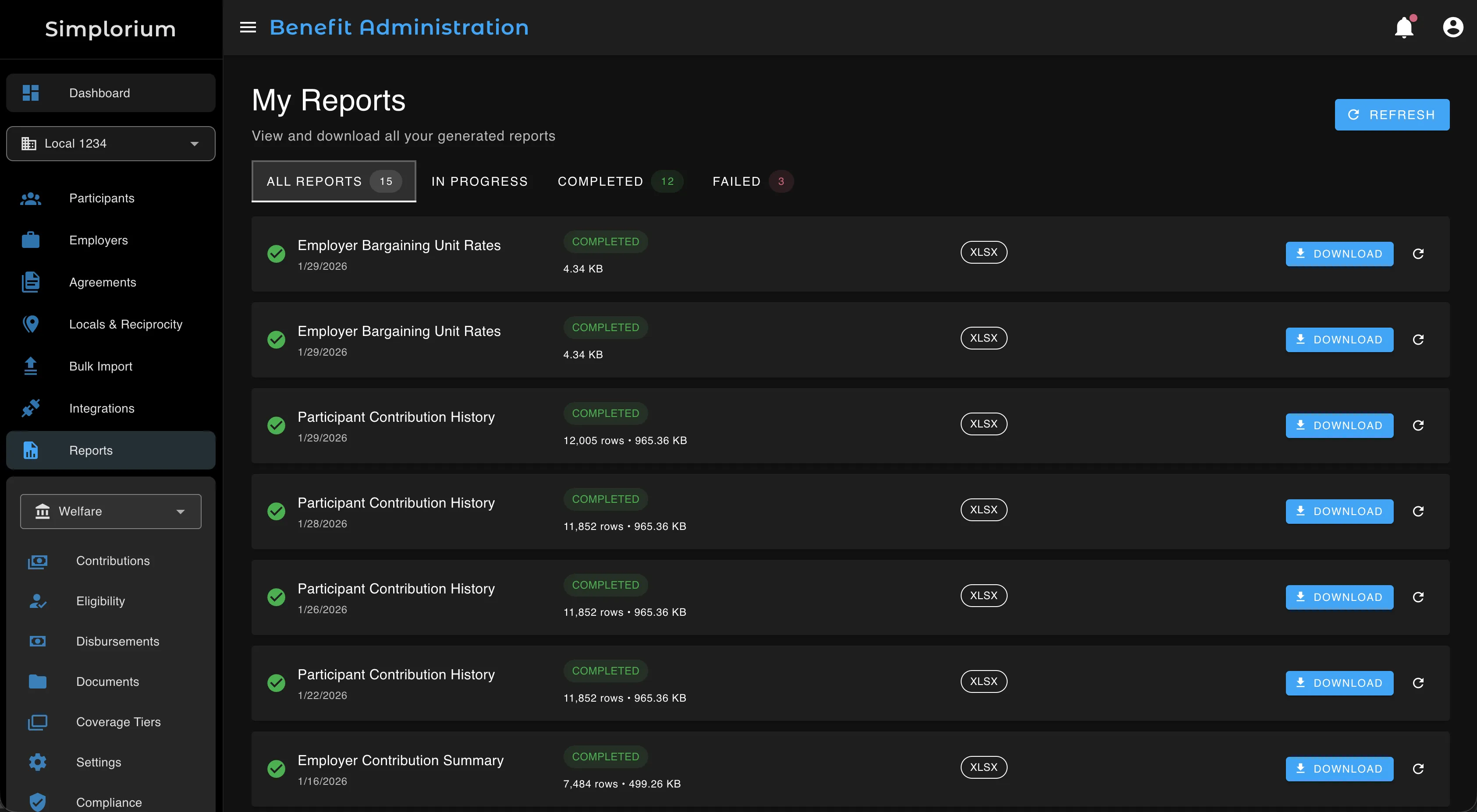 Reports interface showing real-time fund analytics, contribution trend charts, delinquency metrics, and trustee board report generation